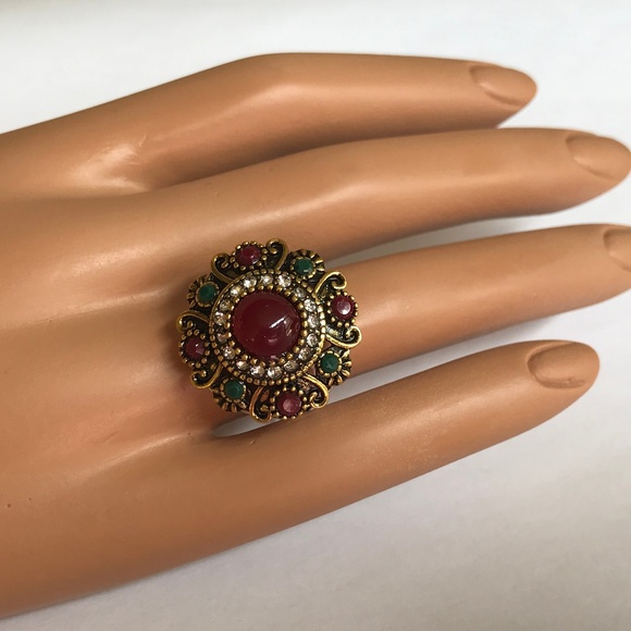 Art Deco Dome Cocktail Ring Size 8 Silver Gold Plated Statement Boho Style - Picture 2 of 8